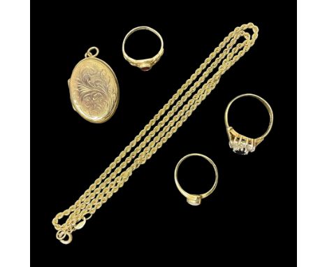 9ct gold jewellery, including opal ring and two other stone set rings, locket and rope twist chain Condition Report:9ct non s