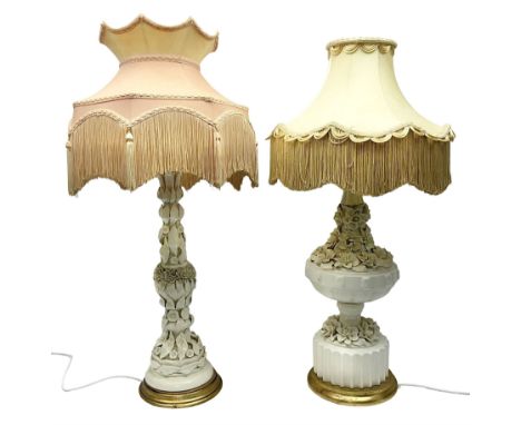 Two Casa Pupo style white glazed table lamps, the first example modelled as a fountain overflowing with flowers, the second w