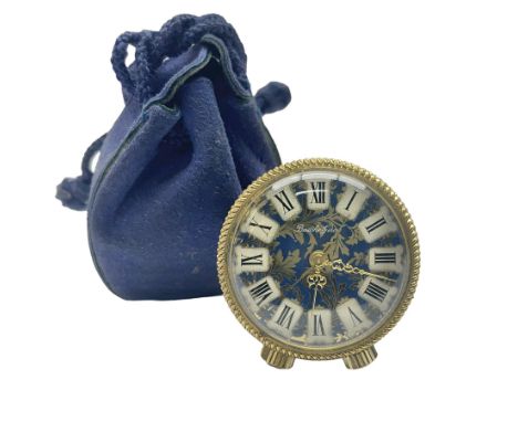 Bueche Girod silver-gilt and enamel novelty miniature clock, with a band of gilt moon and star decoration upon a deep blue en