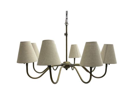 Burnished brass finish eight branch chandelier light fitting, each branch with conical fabric shadeDimensions: Depth/Diameter