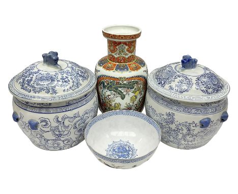 Chinese egg shell porcelain bowl decorated with children playing in a garden D16.5cm; pair of Chinese blue and white lidded b