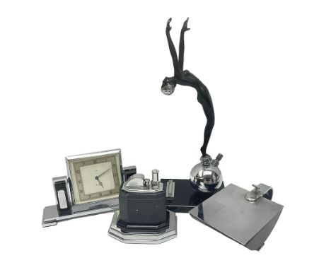 Art Deco Touch Tip Table Lighter by Ronson, together with an Art Deco lighter modeled as a woman, Smiths desk clock and ashtr