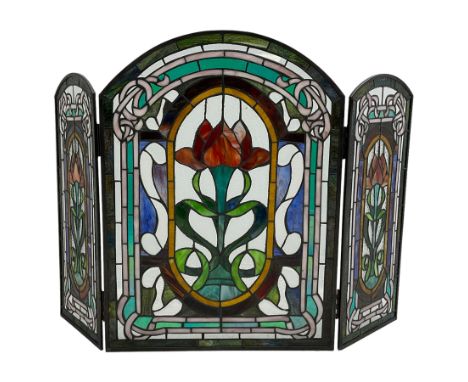Art Nouveau design stained glass three panel fire screen, decorated with tulips and interlacing bordersDimensions: Height:&nb