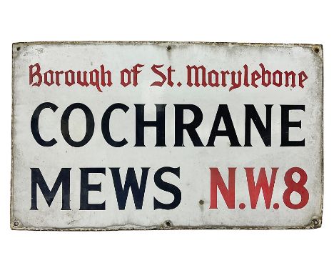 Enamel London Road sign 'Borough of St. Marylebone Cochrane Mews N.W.8' H45cm, L76cm