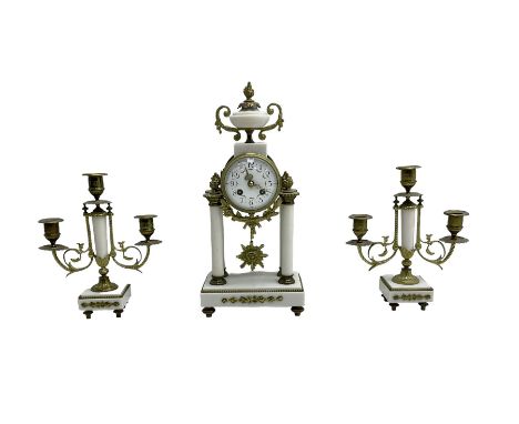 French - early Edwardian 8-day gilt metal and white marble clock garniture c1910, drum head case surmounted by an urn with ca