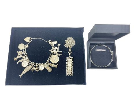 9ct white gold wrap bangle, stamped 375, silver charm bracelet with and a silver ingot necklaceCondition Report:9ct approx 3.