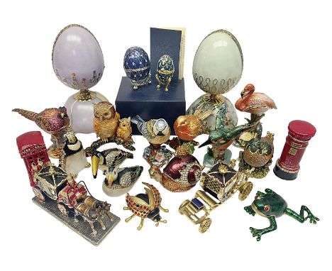 Romanoff Collection enamel egg, decorated with blue guilloche enamel set with paste stones, upon a gilded stand, in original 