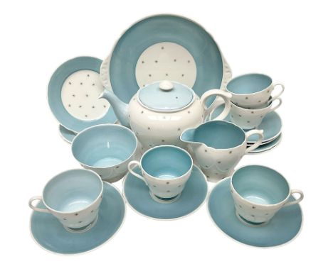 Shelly Pole Star pattern tea service for five comprising teapot, milk jug, open sucrier, cups and saucers, dessert plates and