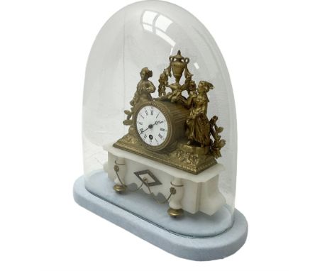 French - late 19th century gilt spelter and alabaster 8-day timepiece mantle clock, drum movement housed in a spelter case wi