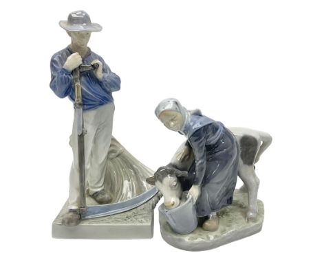 Two Royal Copenhagen figures, comprising Farmer with scythe, no 685 and Girl and calf, no 779, both with impressed and printe