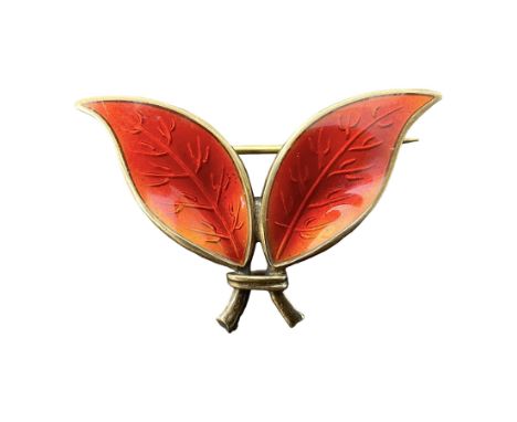 Norwegian silver-gilt red guilloche enamel double leaf brooch, by David Andersen, stamped DA Sterling Norway 925S, H2.6cm