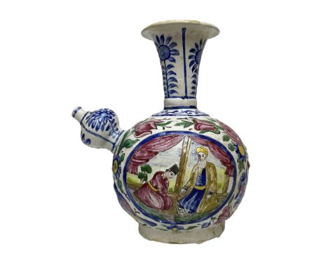 Turkish earthenware kendi, of typical globular form painted in polychrome, with two panels the first depicting a king and his