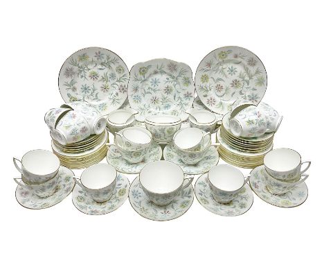 Minton Vanessa pattern part tea service, to include fifteen cups and saucers, open sucrier, milk jug, eighteen dessert plates