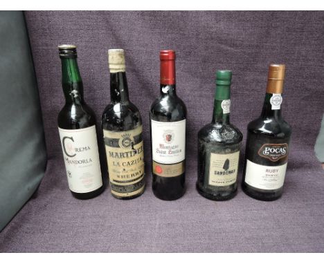 Five bottles of mixed Alcohol, Sandeman White Porto 19% vol, 75cl, Pocas Ruby Porto 19% vol, 750ml, Martinez La Cazita Fine O