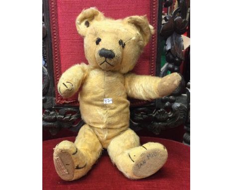 Chad Valley Co Ltd. A pre loved 1930's teddy bear with button to ear and red label to foot marked "Hygienic toys".