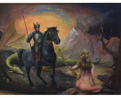 An oversized framed oil on canvas of a Knight and slayed dragon. Signed to bottom right: R Evans. Approx. 122cms x 87cms.
