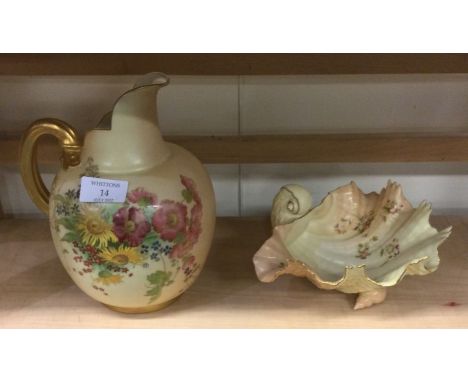 A Royal Worcester ewer together with a shell dish.