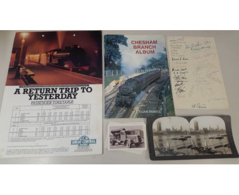 EPHEMERA, selection, inc. railway (2), Great central Railway poster, Chesham Branch Album; heavily signed menu page (Antwerp,