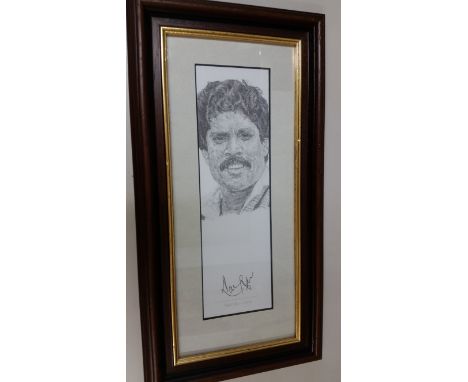 CRICKET, signed print of a portrait sketch by Kapil Dev, h/s, overmounted framed &amp; glazed, 7.75X15 overall with letter of