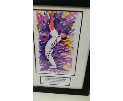 CRICKET, signed colour print by Andrew Flintoff, full-length celebrating after taking his first 5-for, v West Indies (2004), 