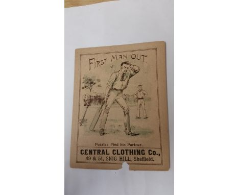 CENTRAL CLOTHING, Cricket Puzzle Cards, First Man Out (Find his Partner), 122 x 160mm paper issue by Sheffield clothiers, pie