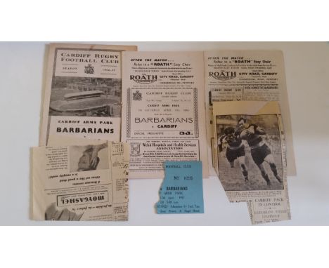 RUGBY UNION, Cardiff home programmes, all v Barbarians, 1951/2 (with ticket stub), 1953/4 &amp; 1954/5, G to VG, 4