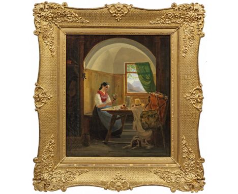 Theobald Schorn (1866 München - 1915 in Doberan)Von einer Bergwanderung mit einem Blumenstrauß zurückgekehrtes Bauernmädchen 