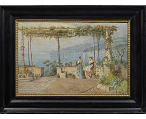 O. Pasetti (Tätig um 1900)Italienische Küstenlandschaft mit Mädchen auf einer TerrasseÖl/Lwd.; R. u. sign.; 69 cm x 105 cm. R