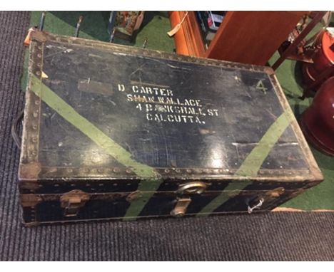 A Vintage Military trunk being the property of D Carter of Stratford and Calcutta bearing a label for the Peninsular and Orie
