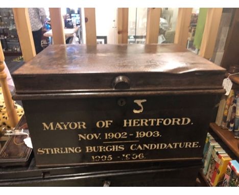 An interesting early 20th black painted tin deed box / small trunk, titled ' Mayor of Hertford 1902 -1903 ' and ' Sterling Bu