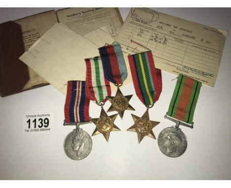 A set of 5 WW2 medals including Italy, Pacific and 1939-45 stars for Cpl. E.W.Weller, Royal Engineers and Army document.