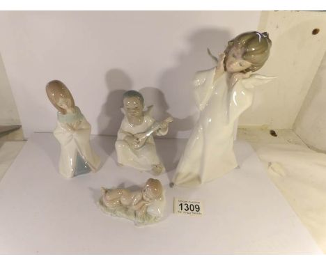 4 Lladro figures including Angel playing mandolin and cherub.