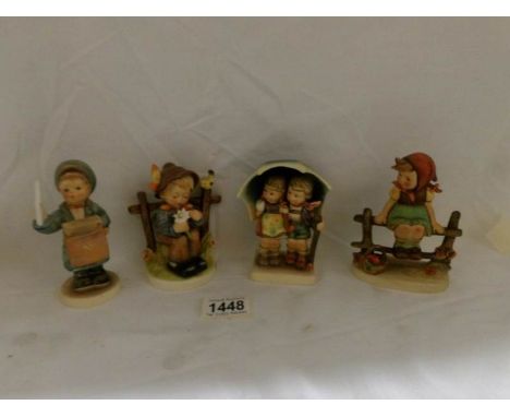 4 boxed Hummel Goebel figures - Stormy Weather, Postman, She loves me she loves me not and Just Resting.