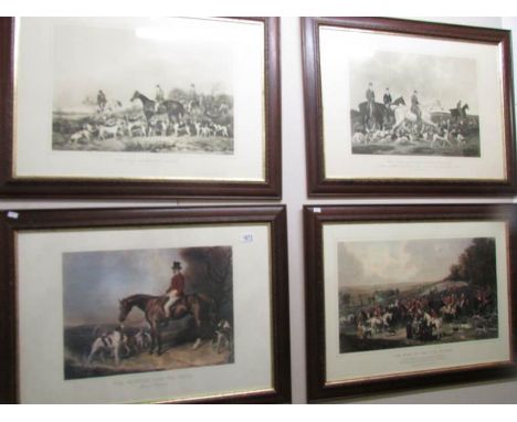 4 framed and glazed hunting prints, 2 colour and 2 black/white including 'The Earl of Derby's Stag Hounds', 'Meet of the Vine