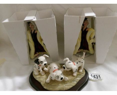 2 boxed Royal Doulton Cruella de Ville figures and a boxed figure group of Patch, Rolly & Freckles from 101 Dalmations.