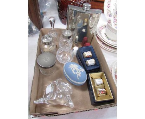 A mixed lot including hip flask, Crown Derby thimbles, cruet bottles etc.,