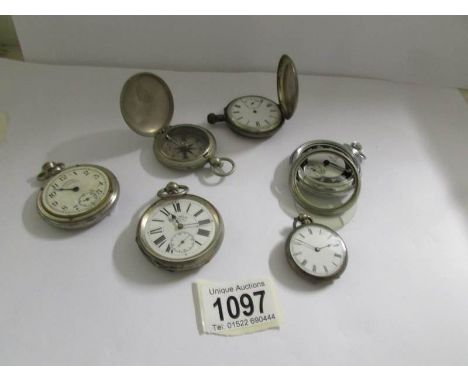 3 silver pocket watches, 2 other pocket watches (most a/f) and a U.S. military compass.