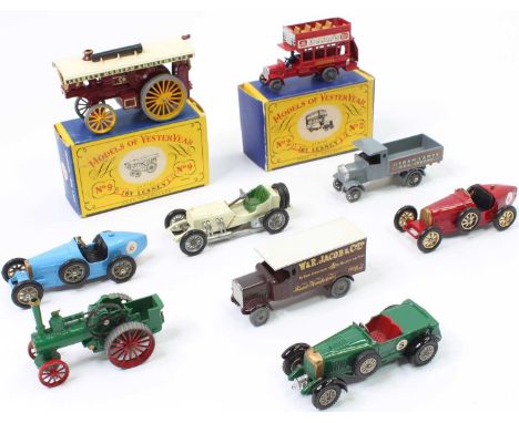 A small collection of Matchbox Lesney Models of Yesteryear to include, Y6 AEC "Osram Lamps" Lorry, 2x Y6 Bugatti - one in blu