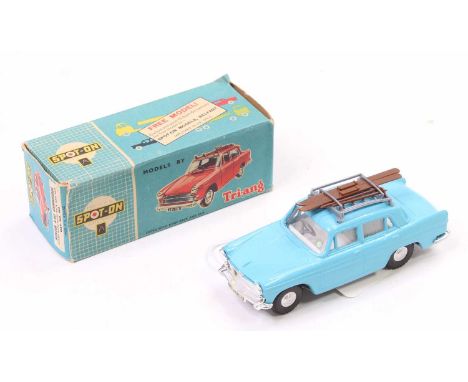 Spot ON Triang No.184 Austin A60 Cambridge, light blue body with white interior, spun hubs, with roof rack load, in the origi