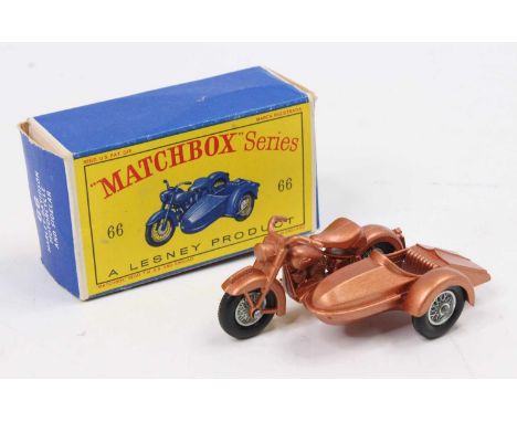 Matchbox Lesney No. 66 Harley Davidson Motorcycle and Sidecar in metallic copper with wire wheels, housed in its original "D"