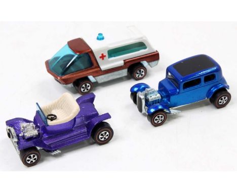 3 Mattel Hot Wheels "Redlines" issues comprising a Classic '32 Ford Vicky in blue with a brown interior, a Hot Heap in purple