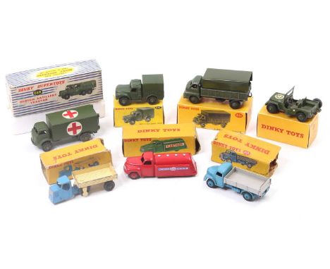 Dinky Toys boxed group to include, No. 641 Army 1 Ton Truck, No. 626 Military Ambulance, No. 414 Dodge Rear Tipping Wagon, No