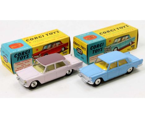 Corgi Toys, 2 boxed examples comprising No. 217 Fiat 1800 in light blue with a lemon interior and flat spun hubs sold with it