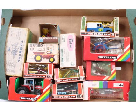 12 various boxed Britains farming and agricultural diecast and lead vehicles/accessories, all boxes with some damage and mode