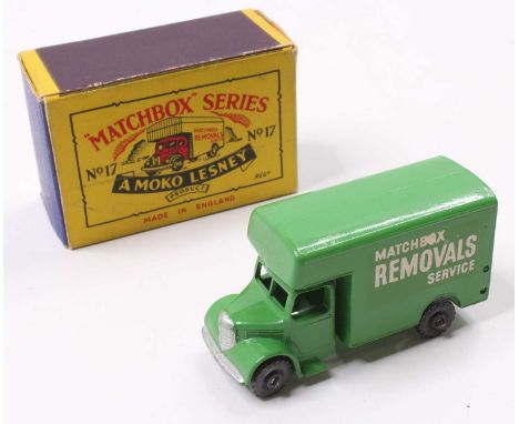 Matchbox Lesney No. 17 Bedford Removals Van finished in light green with metal wheels and "Matchbox Removals Service" decals 