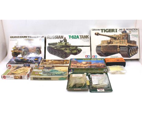 A collection of mostly Tamiya and Airfix mixed scale model tank kits to include, German Tiger 1 Tank, WW1 Tank Mk1, Quad Gun 