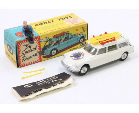 Corgi Toys No. 475 Corgi Ski Club Citroen Safari, white body with red roof rack, 4 skis and 4 poles, with figure, brown and g