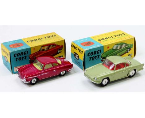 Corgi Toys, 2 boxed examples comprising No. 222 Renault Fluoride, light olive body with red interior and spun hubs, housed in