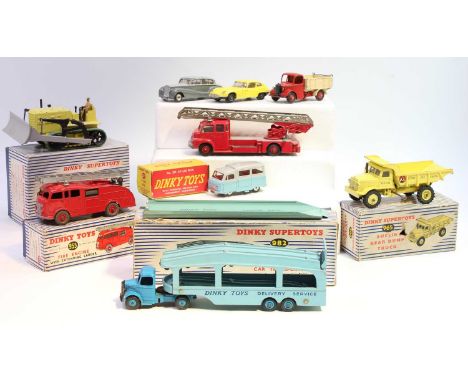 A collection of Dinky Toys including No. 982 Pullmore Car Transporter with Loading Ramp, No. 961 Blaw Knox Bulldozer, No. 965