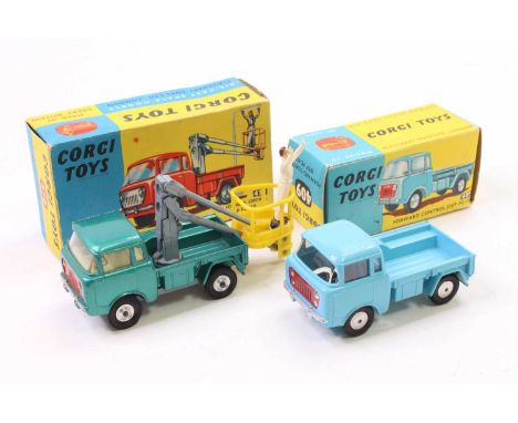 Corgi Toys, 2 boxed examples comprising No. 409 Forward Control Jeep in light blue with a red grille and flat spun hubs, sold
